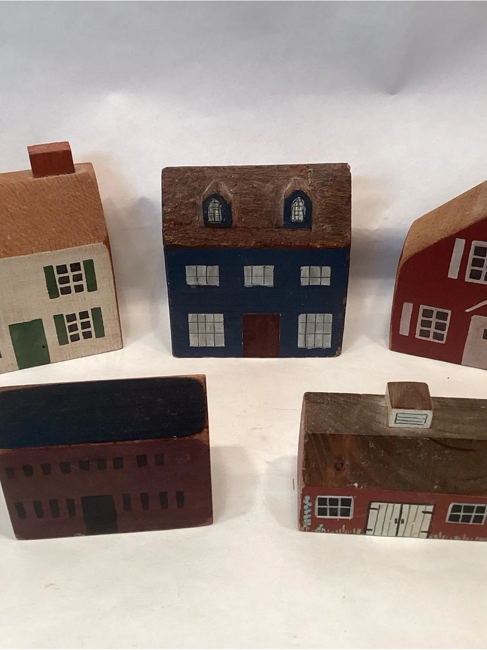 Primitive Folk Art Wood Block Village Houses School Barn Set 5 Of Handmade - Picture 2 of 5